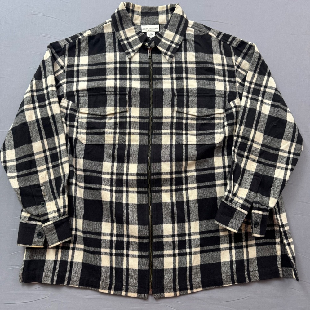 Jones New York Sport Black White Plaid Full Zip Flannel Shirt Jacket‎ Plus 2X